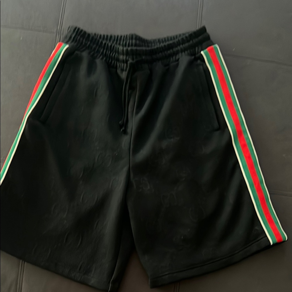 Authentic Gucci Black Athletic Shorts with Red and Green Stripes